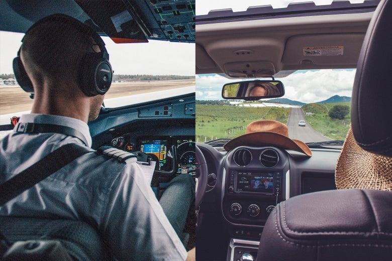 Side-by-side photos of a flight deck and a vehicle dashboard.